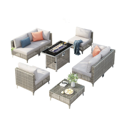 Outdoor Patio Set with Fire Pit Table Rattan Gray 8 Piece 60000 BTU