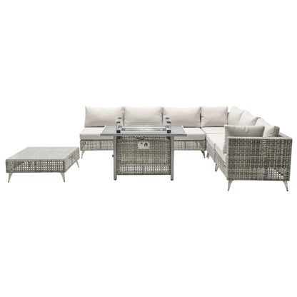 Outdoor Patio Set with Fire Pit Table Rattan Gray 8 Piece 60000 BTU
