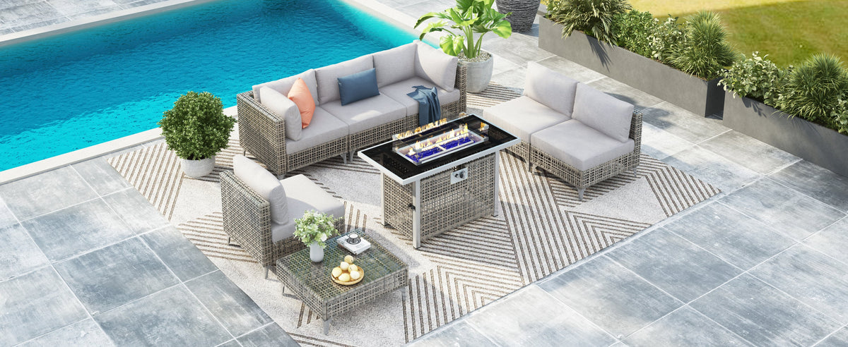 Outdoor Patio Set with Fire Pit Table Rattan Gray 8 Piece 60000 BTU