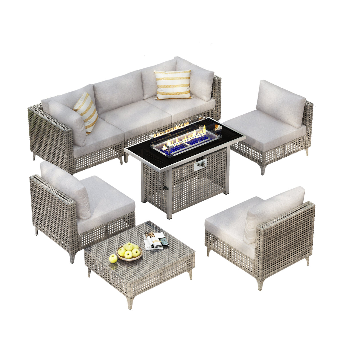 Outdoor Patio Set with Fire Pit Table Rattan Gray 8 Piece 60000 BTU