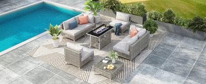 Outdoor Patio Set with Fire Pit Table Rattan Gray 8 Piece 60000 BTU