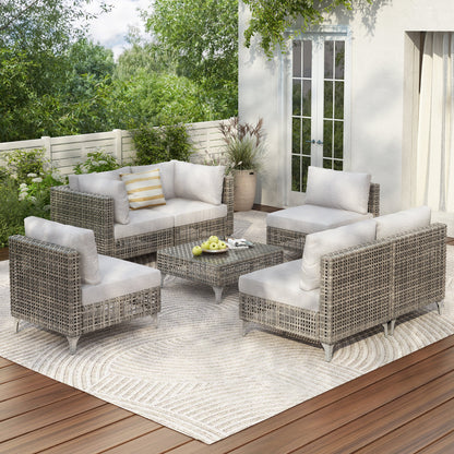 Outdoor Patio Set with Fire Pit Table Rattan Gray 8 Piece 60000 BTU