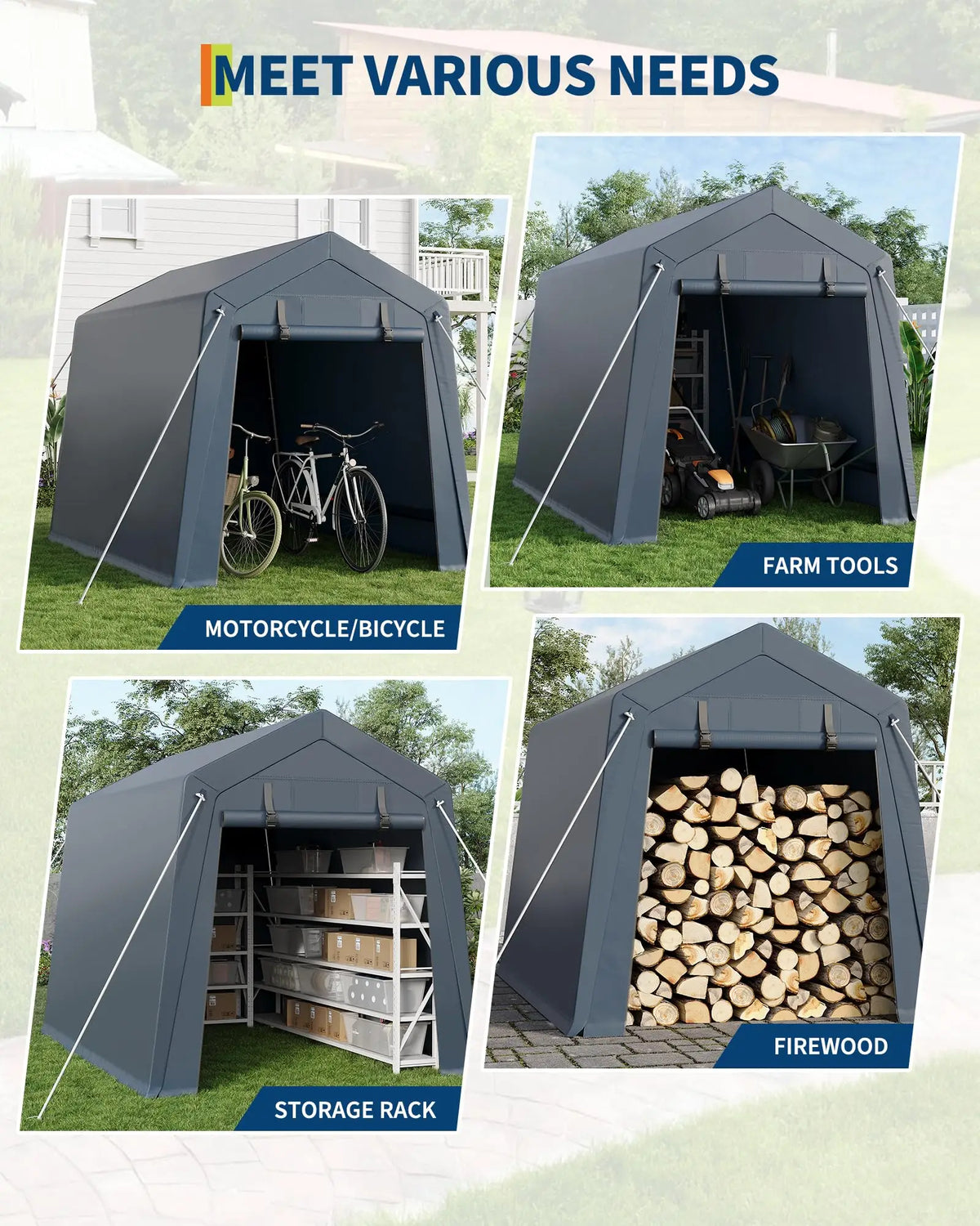 6x8 FT Heavy Duty Outdoor Storage Shed Portable Steel Frame Shelter With Waterproof PE Tarp Cover Dual Zipper Doors & Mesh Vents