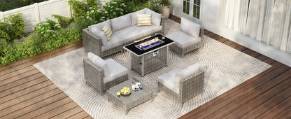 Outdoor Patio Set with Fire Pit Table Rattan Gray 8 Piece 60000 BTU