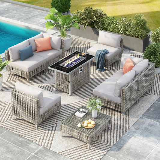 Outdoor Patio Set with Fire Pit Table Rattan Gray 8 Piece 60000 BTU