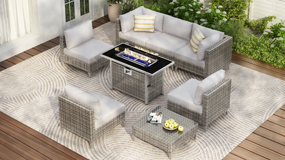 Outdoor Patio Set with Fire Pit Table Rattan Gray 8 Piece 60000 BTU