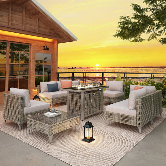 Outdoor Patio Set with Fire Pit Table Rattan Gray 8 Piece 60000 BTU