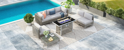 Outdoor Patio Set with Fire Pit Table Rattan Gray 8 Piece 60000 BTU