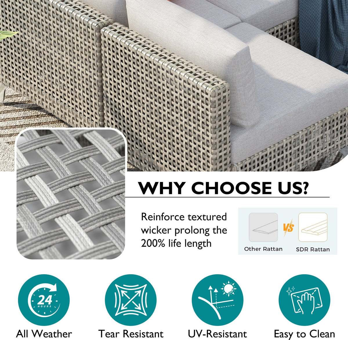 Outdoor Patio Set with Fire Pit Table Rattan Gray 8 Piece 60000 BTU