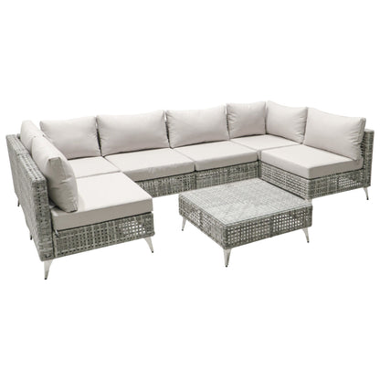 Outdoor Patio Set with Fire Pit Table Rattan Gray 8 Piece 60000 BTU